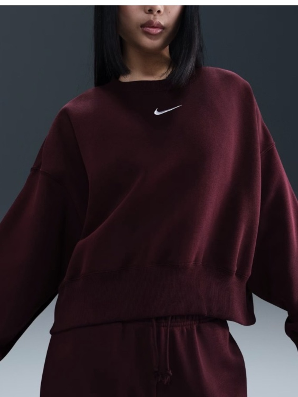 Nike Phoenix Oversized Cropped Fleece Pullover Burgundy Crush Small NWT